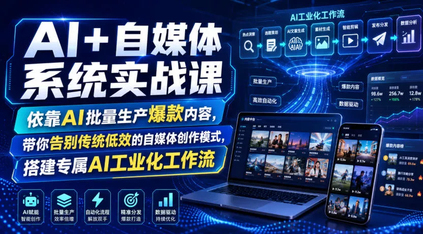 AI+自媒体系统实战课，依靠AI批量生产爆款内容，带你告别传统低效的自媒体创作模式，搭建专属AI工业化工作流胖子网创胖子网创