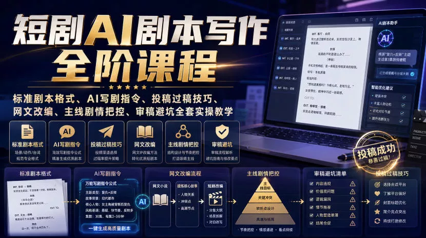 短剧AI剧本写作全阶课程｜标准剧本格式、AI写剧指令、投稿过稿技巧、网文改编、主线剧情把控、审稿避坑全套实操教学胖子网创胖子网创