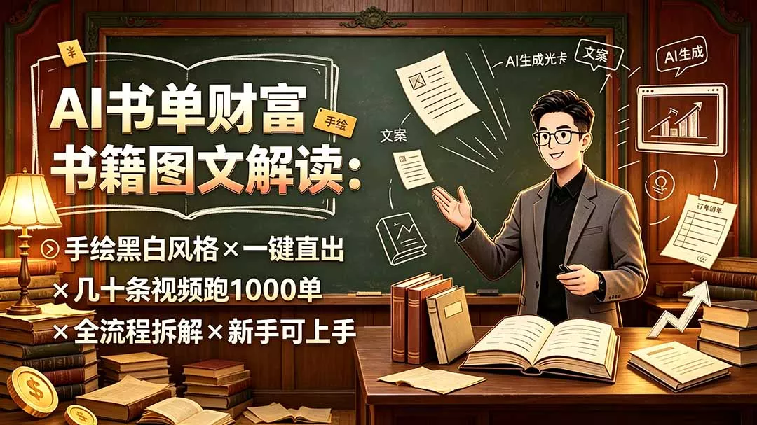 AI书单财富书籍图文解读：手绘黑白风格×一键直出×几十条视频跑1000单×全流程拆解×新手可上手胖子网创胖子网创
