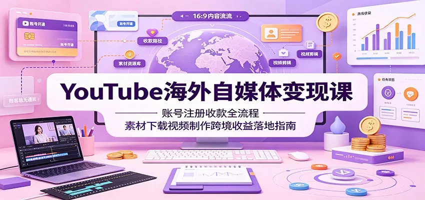 YouTube海外自媒体变现课：账号注册收款全流程，素材下载视频制作跨境收益落地指南胖子网创胖子网创