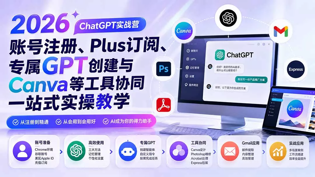 2026 ChatGPT实战营；账号注册、Plus订阅、专属GPT创建与Canva等工具协同一站式实操教学胖子网创胖子网创