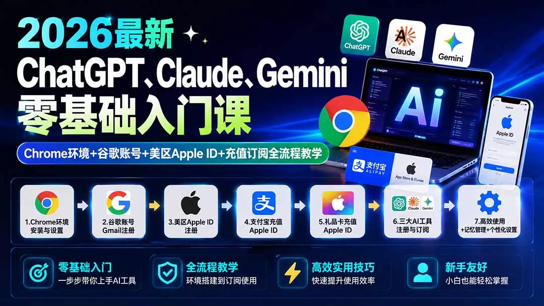 2026最新ChatGPT、Claude、Gemini零基础入门课：Chrome环境+谷歌账号+美区Apple ID+充值订阅全流程教学胖子网创胖子网创