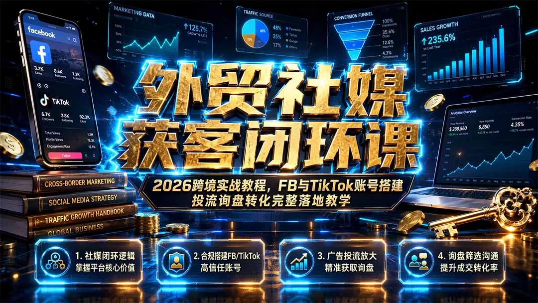 外贸社媒获客闭环课｜2026跨境实战教程，FB与TikTok账号搭建投流询盘转化完整落地教学胖子网创胖子网创
