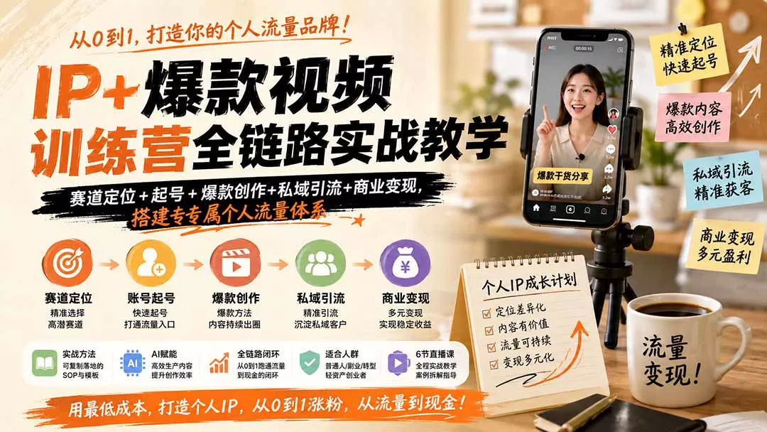 IP+爆款视频训练营全链路实战教学；赛道定位+起号+爆款创作+私域引流+商业变现，搭建专属个人流量体系胖子网创胖子网创