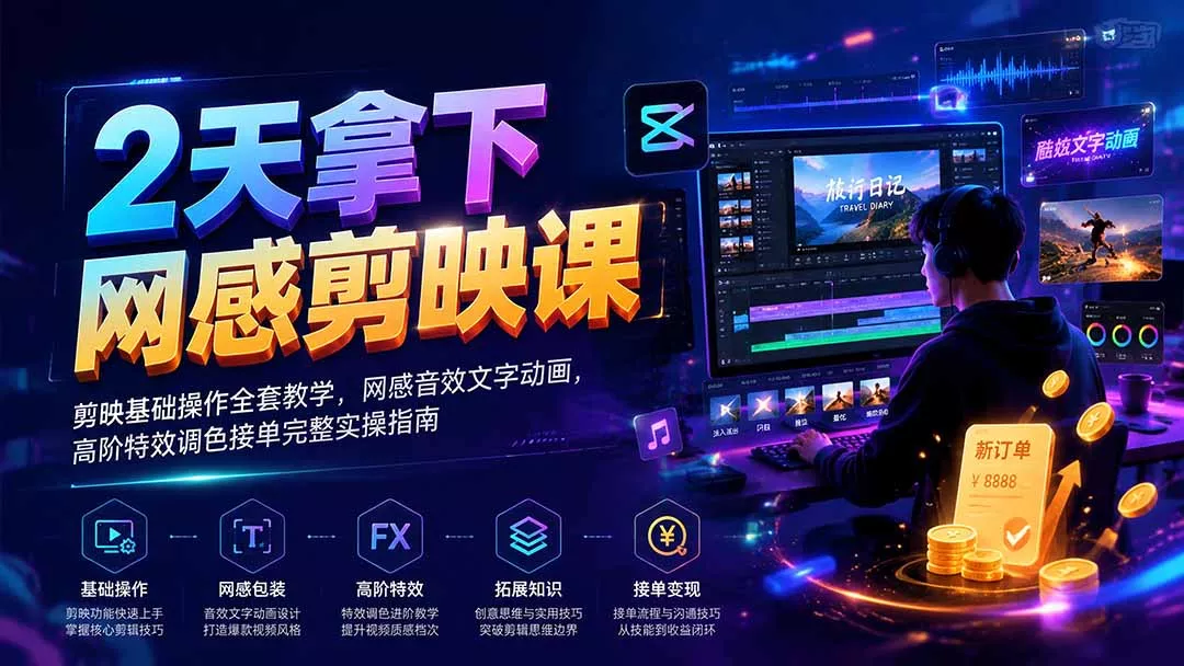 2天拿下网感剪辑课｜剪映基础操作全套教学，网感音效文字动画，高阶特效调色接单完整实操指南