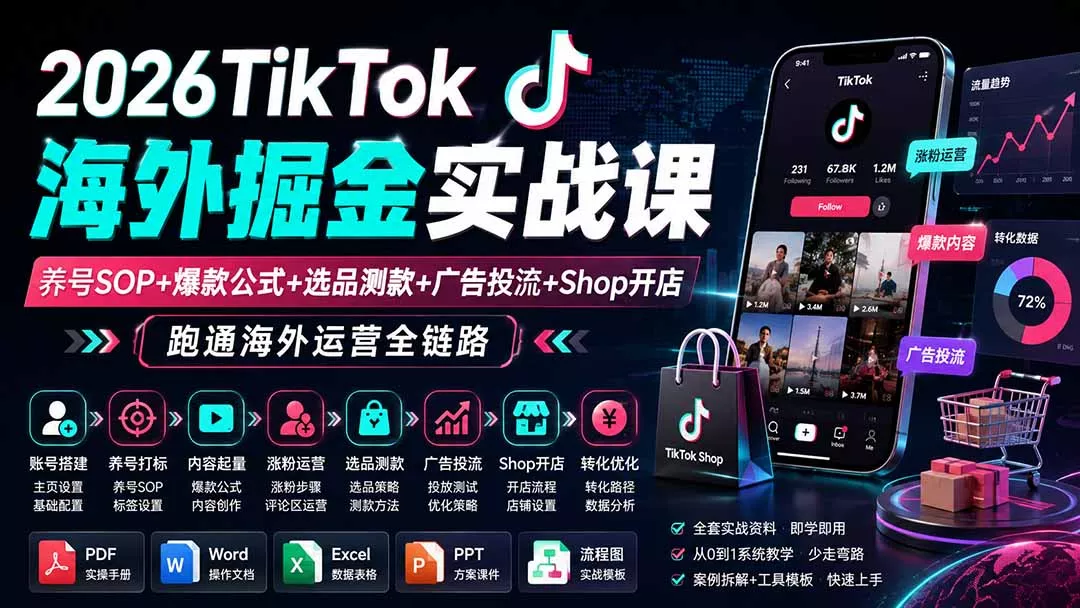 2026TikTok海外掘金实战课——养号SOP+爆款公式+选品测款+广告投流+Shop开店，跑通海外运营全链路胖子网创胖子网创