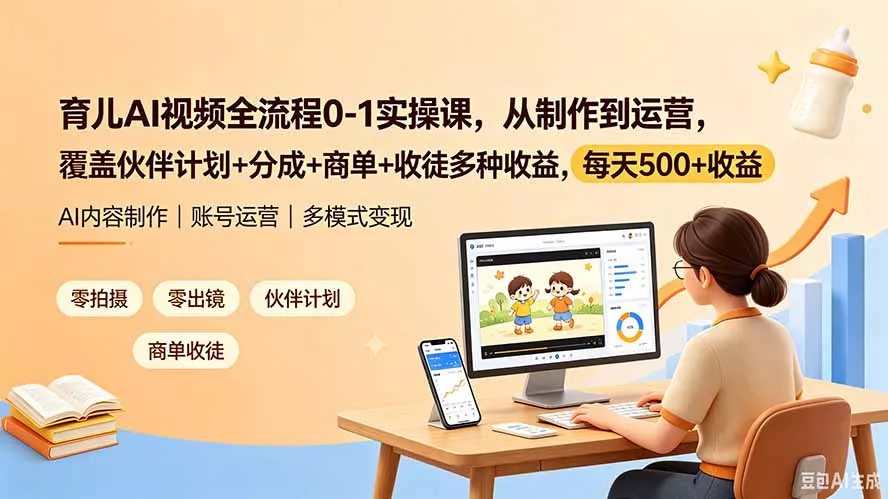 育儿AI视频全流程0-1实操课，从制作到运营，覆盖伙伴计划+分成+商单+收徒多种收益，每天500+收益胖子网创胖子网创