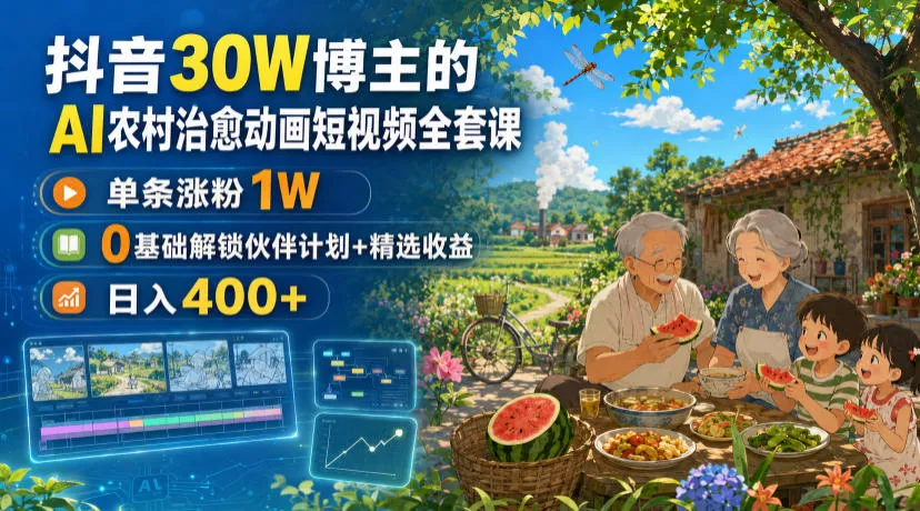 抖音30W博主的AI农村治愈动画短视频全套课｜单条涨粉1W，0基础解锁伙伴计划+精选收益，日入400+胖子网创胖子网创