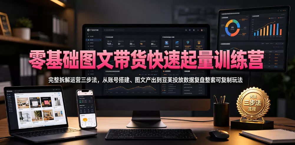 零基础图文带货快速起量训练营，完整拆解运营三步法，从账号搭建、图文产出到豆荚投放数据复盘整套可复制玩法胖子网创胖子网创