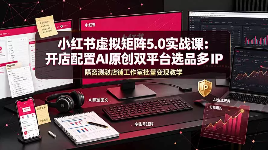 小红书虚拟矩阵5.0实战课：开店配置｜AI原创｜双平台选品｜多IP隔离｜测怼店铺工作室批量变现实操教学胖子网创胖子网创