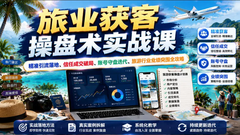 旅业获客操盘术实战课|精准引流落地、信任成交破局、账号守盘迭代、旅游行业业绩突围全攻略 旅业获客操盘术实战课|精准引流落地、信任成交破局、账号守盘迭代、旅游行业业绩突围全攻略