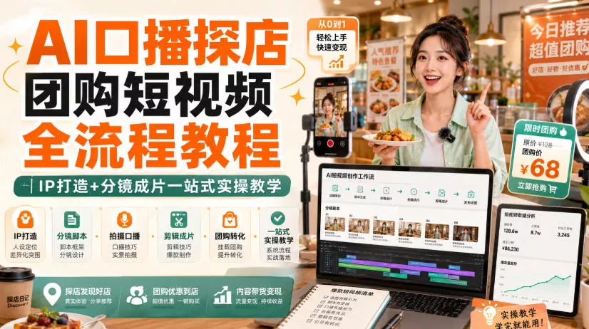 AI口播探店团购短视频全流程教程｜IP打造+分镜成片一站式实操教学胖子网创胖子网创