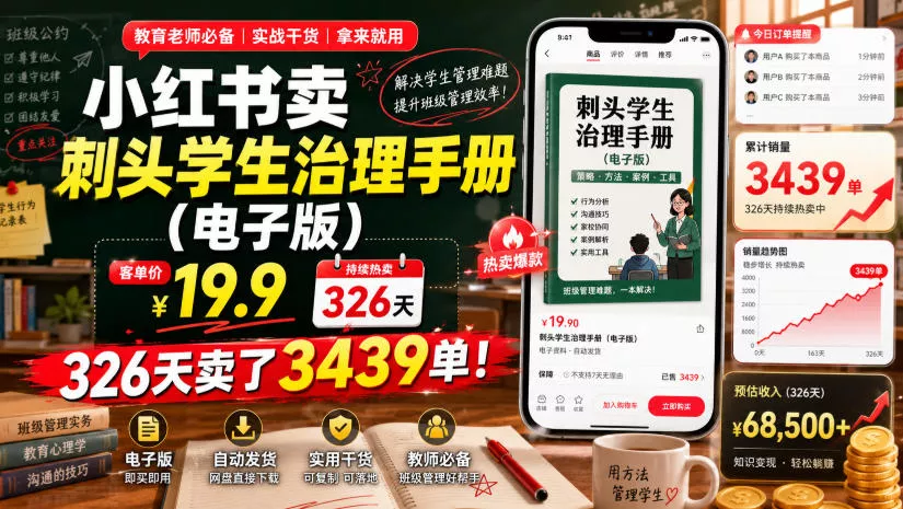 小红书卖刺头学生治理手册(电子版)，客单价19.9，326天卖了3439单！胖子网创胖子网创