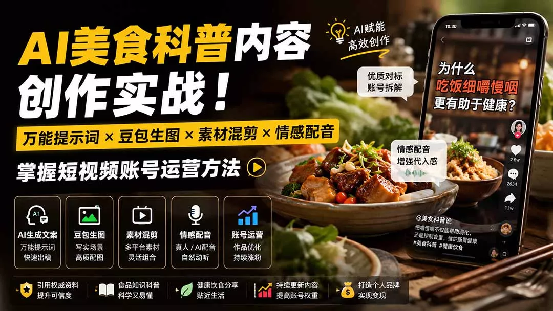外面卖199元-AI美食科普内容创作实战！万能提示词×豆包生图×素材混剪×情感配音，掌握短视频账号运营方法胖子网创胖子网创