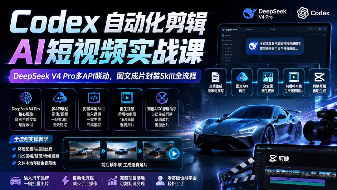 Codex自动化剪辑AI短视频实战课｜DeepSeek V4 Pro多API联动，图文成片封装Skill全流程胖子网创胖子网创