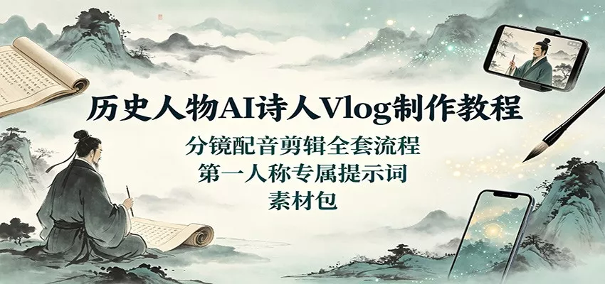 历史人物AI诗人Vlog制作教程：分镜配音剪辑全套流程，第一人称专属提示词素材包