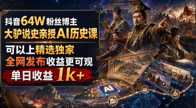 抖音64W粉丝博主大驴说史亲授AI历史课,可以上精选独家,全网发布收益更可观,单日收益1k+ 抖音64W粉丝博主大驴说史亲授AI历史课,可以上精选独家,全网发布收益更可观,单日收益1k+