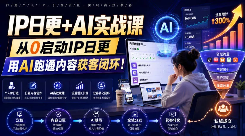 IP日更+AI实战课，从0启动IP日更，IP置顶视频制作+100条选题库搭建+10条日更规划，用AI跑通内容获客闭环!胖子网创胖子网创