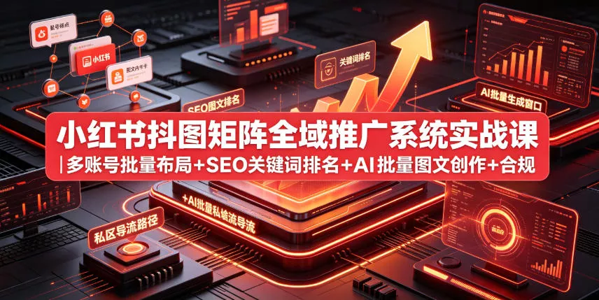 小红书抖图矩阵全域推广系统实战课｜多账号批量布局+SEO关键词排名+AI批量图文创作+合规私域导流完整落地教程胖子网创胖子网创