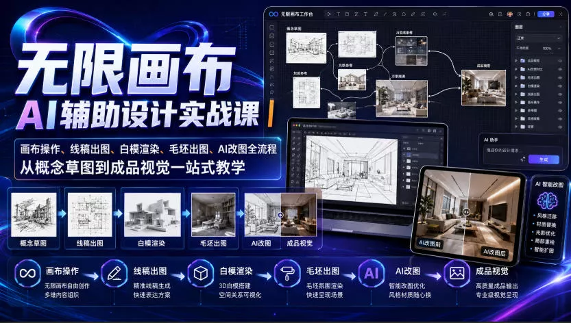 无限画布AI辅助设计实战课｜画布操作、线稿出图、白模渲染、毛坯出图、AI改图全流程，从概念草图到成品视觉一站式教学胖子网创胖子网创
