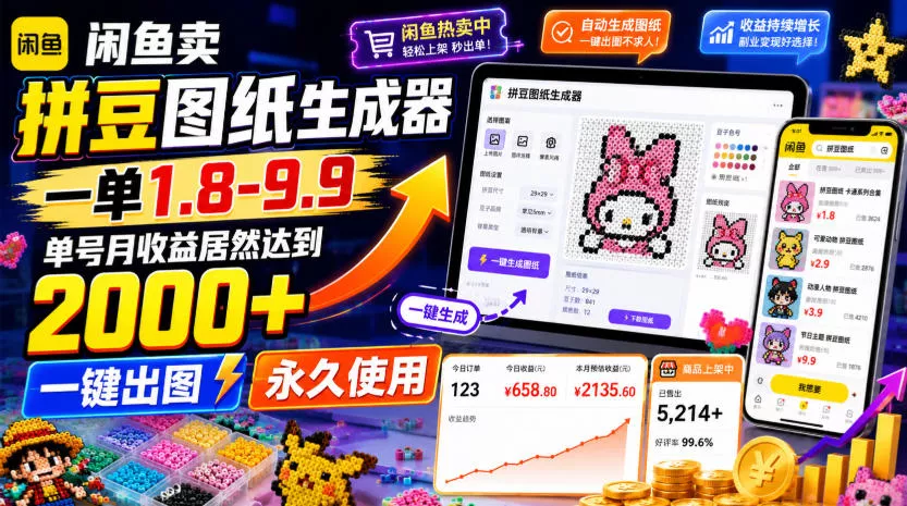 闲鱼卖拼豆图纸生成器，一单1.8-9.9，单号月收益居然达到2000+一键出图永久使用胖子网创胖子网创
