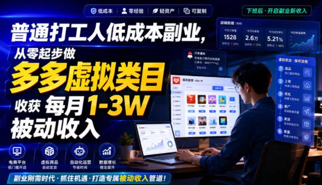 普通打工人低成本副业，从零起步做多多虚拟类目，收获每月1-3W被动收入【揭秘】胖子网创胖子网创