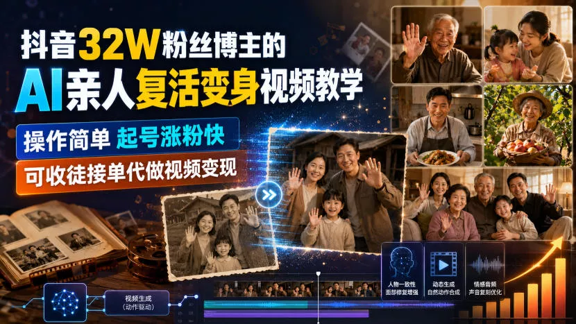 抖音32W粉丝博主的AI亲人复活变身视频教学，操作简单，起号涨粉快，可收徒接单代做视频变现胖子网创胖子网创