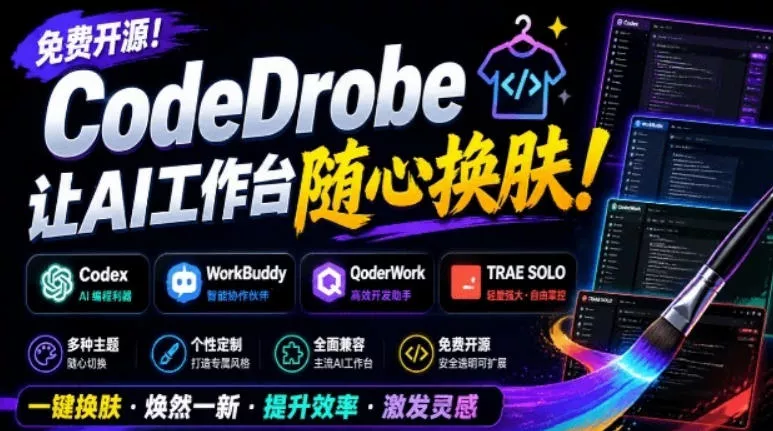 免费开源的CodeDrobe，让AI工作台随心换肤，支持Codex、WorkBuddy等，免费且本地运行！胖子网创胖子网创