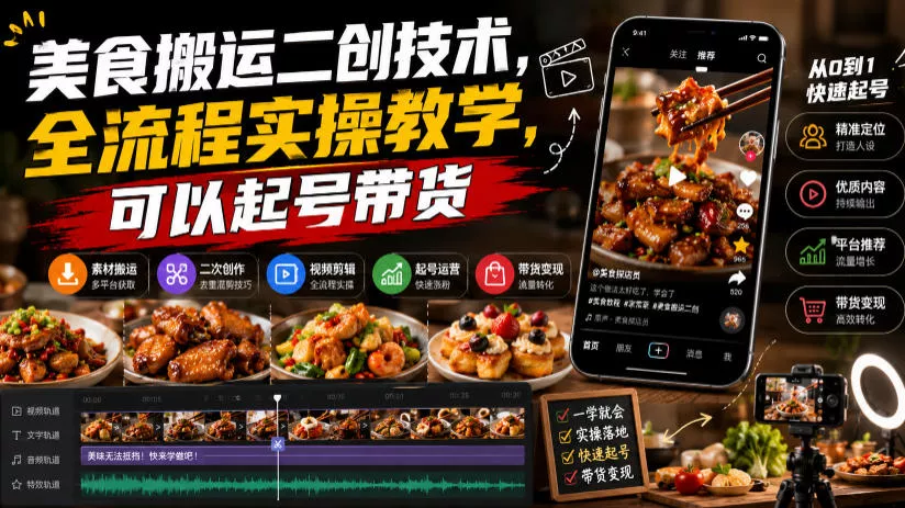 美食搬运二创技术，全流程实操教学，可以起号带货胖子网创胖子网创