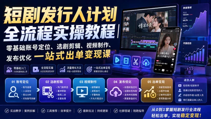 短剧发行人计划全流程实操教程｜零基础账号定位、选剧剪辑、视频制作、发布优化一站式出单变现课胖子网创胖子网创