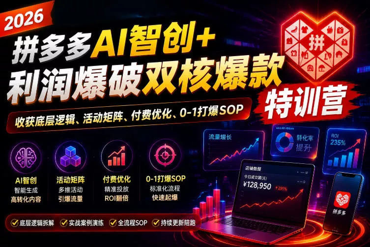 2026拼多多AI智创+利润爆破双核爆款特训营，收获底层逻辑、活动矩阵、付费优化、0-1打爆SOP(更新0810)胖子网创胖子网创
