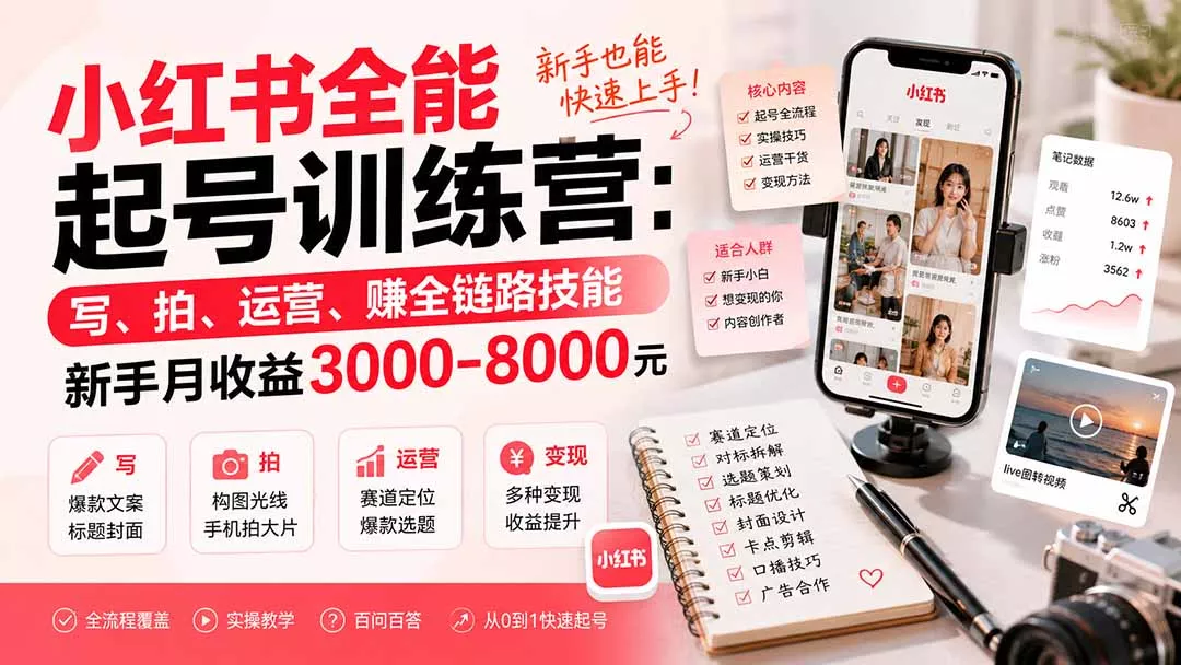 小红书全能起号训练营-更新：写、拍、运营、赚全链路技能，新手月收益3000-8000元胖子网创胖子网创