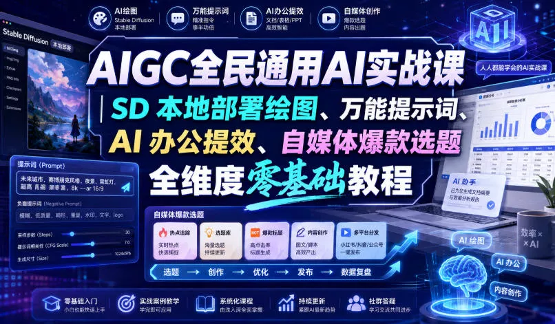 AIGC全民通用AI实战课｜SD本地部署绘图、万能提示词、AI办公提效、自媒体爆款选题全维度零基础教程胖子网创胖子网创