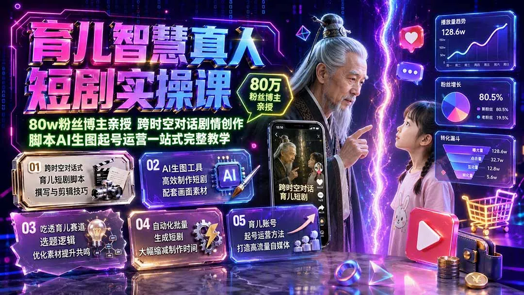 育儿智慧真人短剧实操课｜80w粉丝博主亲授，跨时空对话剧情创作，脚本AI生图起号运营一站式完整教学胖子网创胖子网创