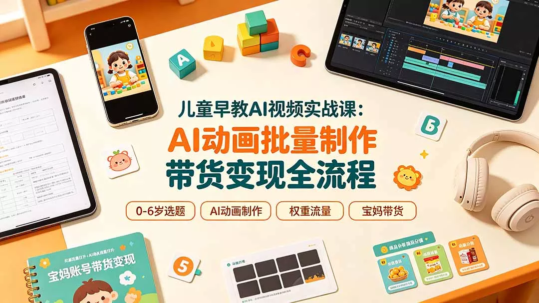 儿童早教AI视频实战课：0-6岁认知选题｜AI动画批量制作｜权重流量拉升｜宝妈账号带货变现全流程胖子网创胖子网创
