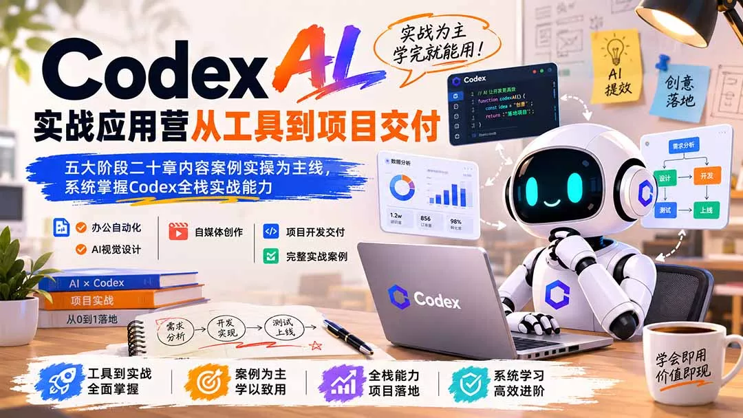 Codex AI实战应用营从工具到项目交付；五大阶段二十章内容案例实操为主线，系统掌握Codex全栈实战能力胖子网创胖子网创