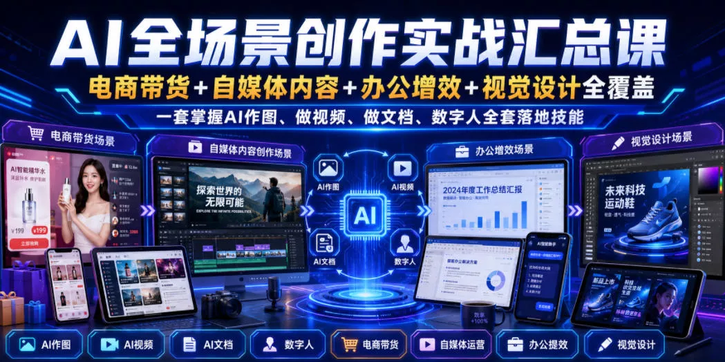 AI全场景创作实战汇总课｜电商带货+自媒体内容+办公增效+视觉设计全覆盖，一套掌握AI作图、做视频、做文档、数字人全套落地技能胖子网创胖子网创