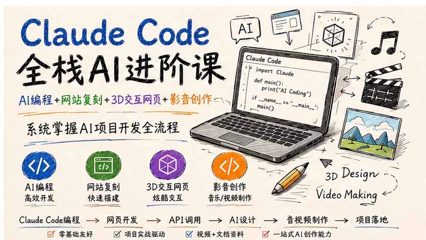 Claude Code全栈AI进阶课；AI编程+网站复刻+3D交互网页+影音创作，系统掌握AI项目开发全流程胖子网创胖子网创