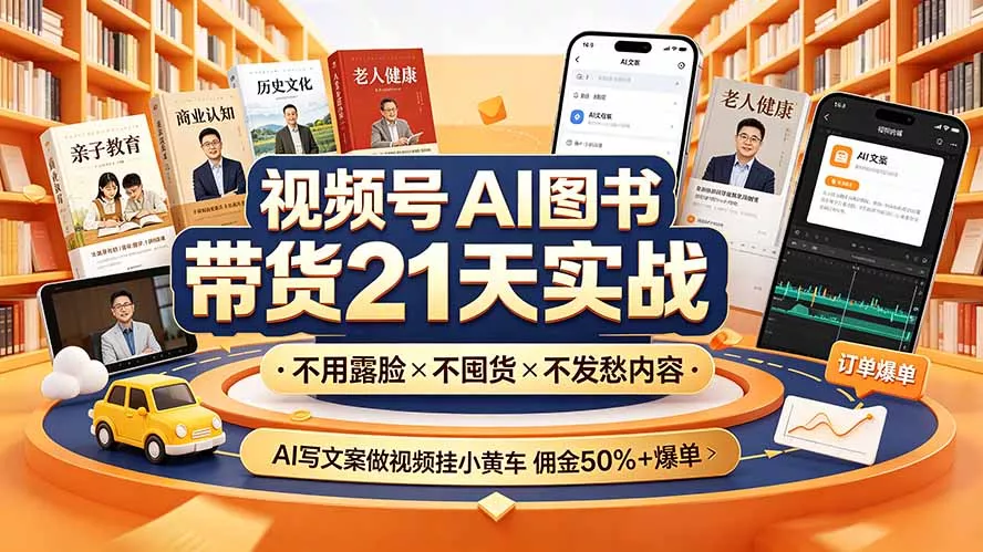 视频号AI图书带货21天实战：不用露脸×不囤货×不发愁内容，AI写文案做视频挂小黄车，佣金50%+爆单胖子网创胖子网创