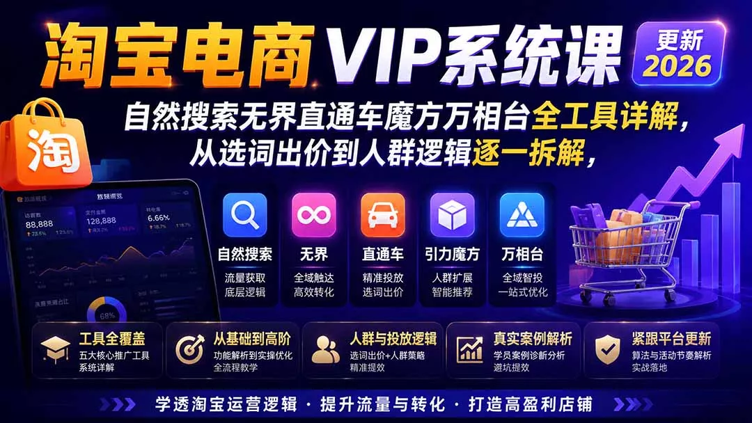 淘宝电商VIP系统课-更新8月；自然搜索无界直通车魔方万相台全工具详解，从选词出价到人群逻辑逐一拆解胖子网创胖子网创