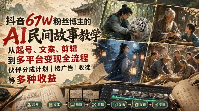 抖音67W粉丝博主的AI民间故事教学，从起号、文案、剪辑到多平台变现全流程，伙伴分成计划接广告等多种收益，月入1W+胖子网创胖子网创