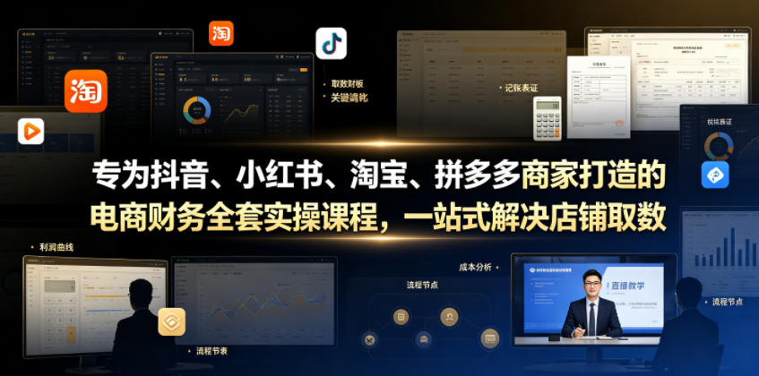 专为抖音、小红书、淘宝、拼多多商家打造的电商财务全套实操课程，一站式解决店铺取数、记账、报税全流程难题胖子网创胖子网创