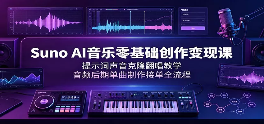 Suno AI音乐零基础创作变现课：提示词声音克隆翻唱教学，音频后期单曲制作接单全流程胖子网创胖子网创