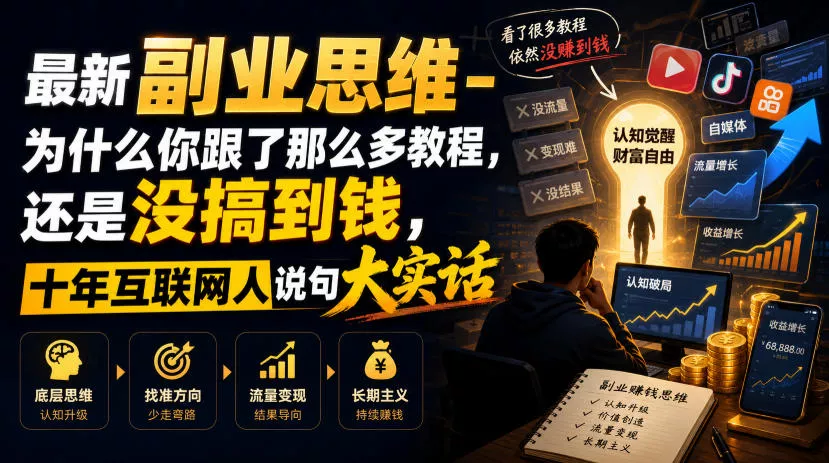 最新副业思维-为什么你跟了那么多教程，还是没搞到钱，十年互联网人说句大实话【揭秘】胖子网创胖子网创