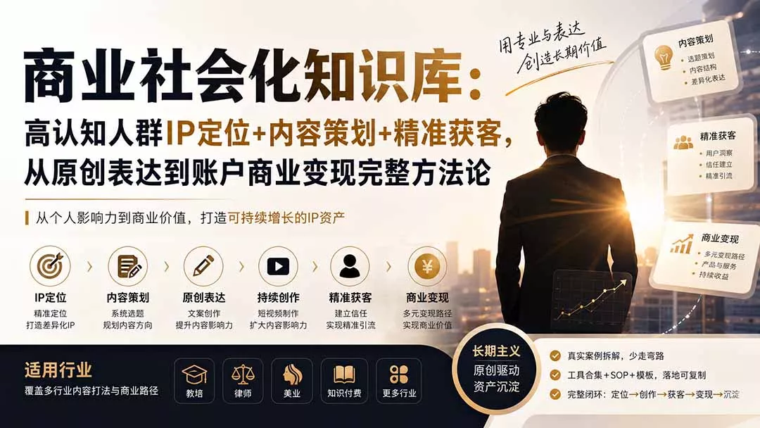 商业社会化知识库：高认知人群IP定位+内容策划+精准获客，从原创表达到账户商业变现完整方法论胖子网创胖子网创