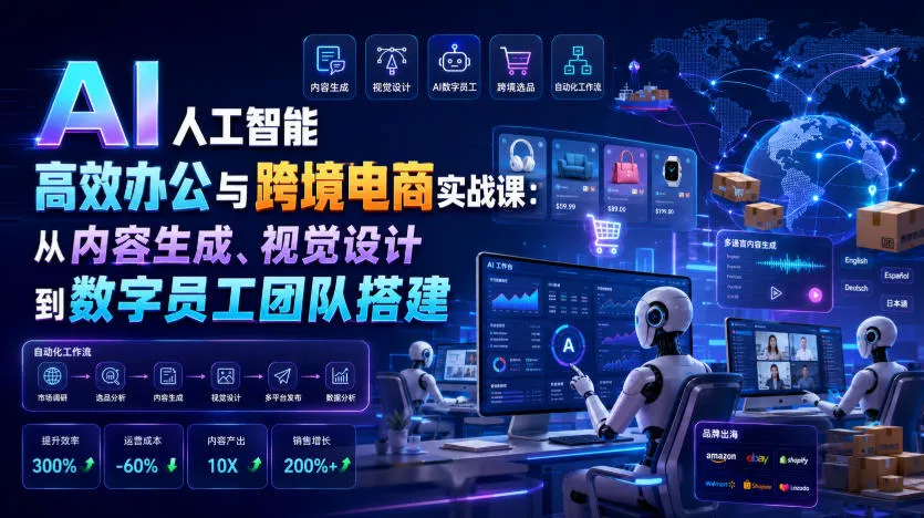 AI人工智能高效办公与跨境电商实战课：从内容生成、视觉设计到数字员工团队搭建胖子网创胖子网创