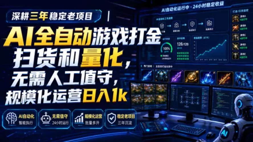AI全自动游戏打金扫货和量化，规模化运营日入1k，深耕三年稳定老项目！胖子网创胖子网创