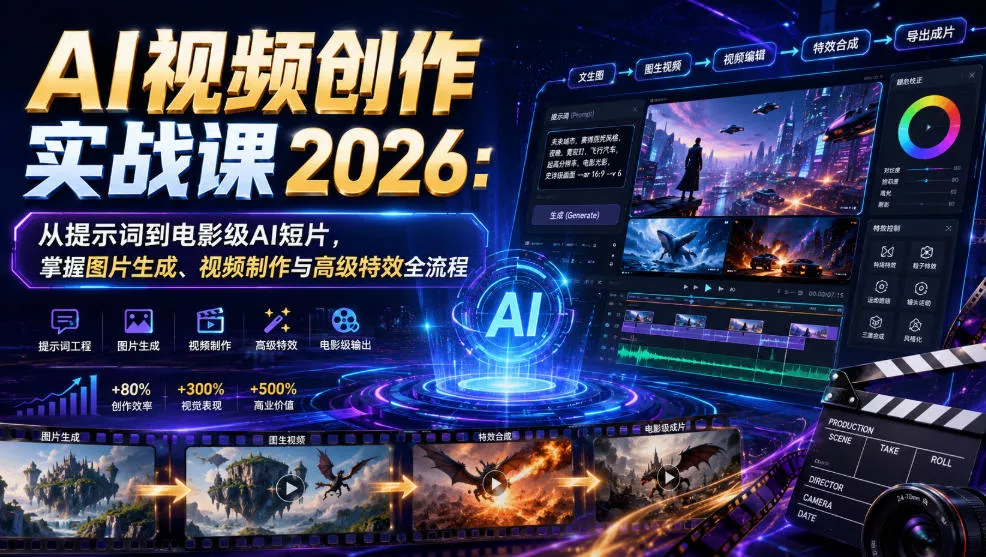 AI视频创作实战课2026：从提示词到电影级AI短片，掌握图片生成、视频制作与高级特效全流程胖子网创胖子网创