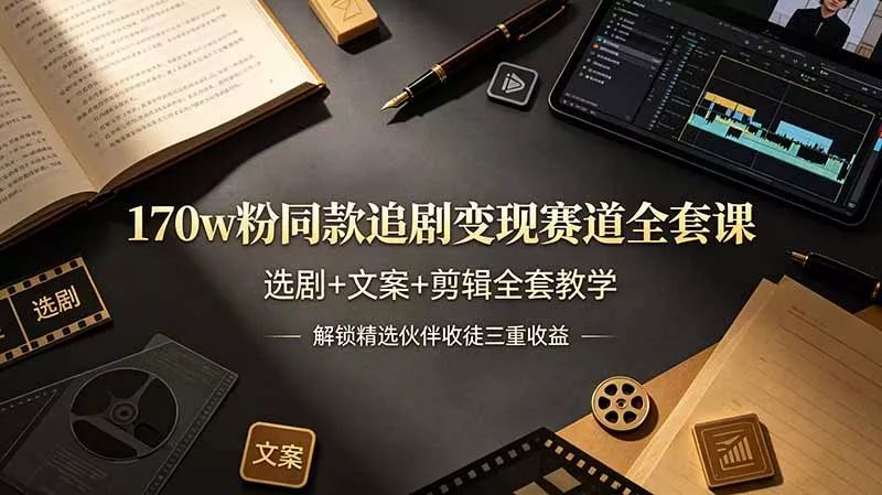 170w粉博主同款追剧变现赛道全套课，选剧+文案+剪辑全套教学，解锁精选伙伴收徒三重收益胖子网创胖子网创