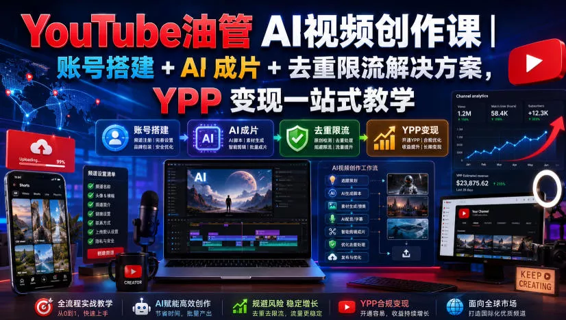 YouTube油管AI视频创作课｜账号搭建+AI成片+去重限流解决方案，YPP变现一站式教学胖子网创胖子网创